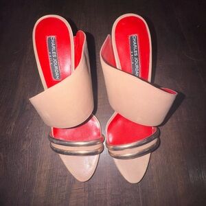 Charles Jourdan Nude Slides with Red Insole and Gold Rings